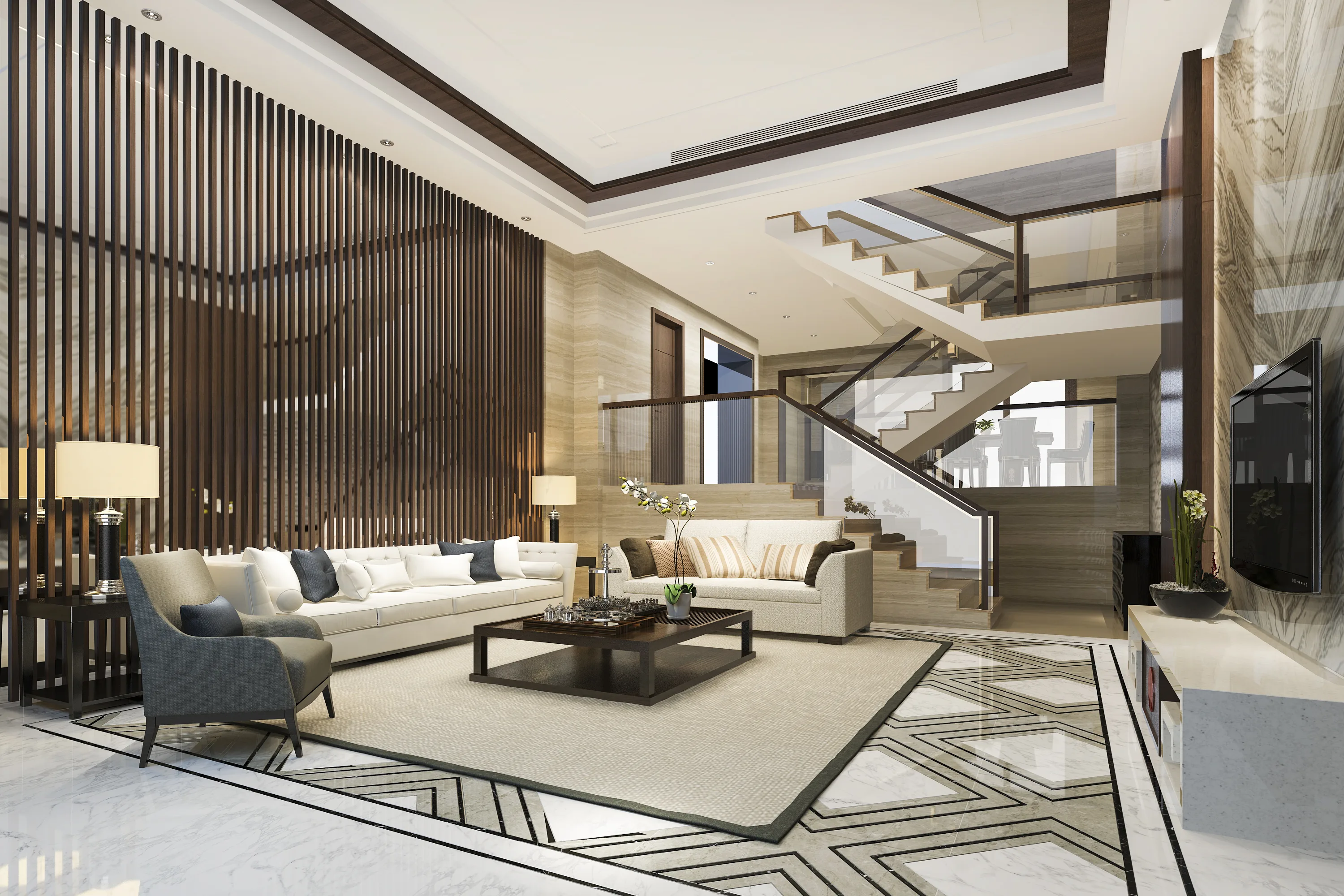 Bright contemporary luxury living room interior design